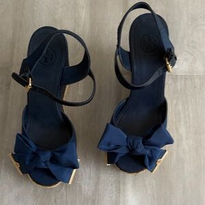 Tory Burch Navy Bow Wedge Sandals with Ankle Strap